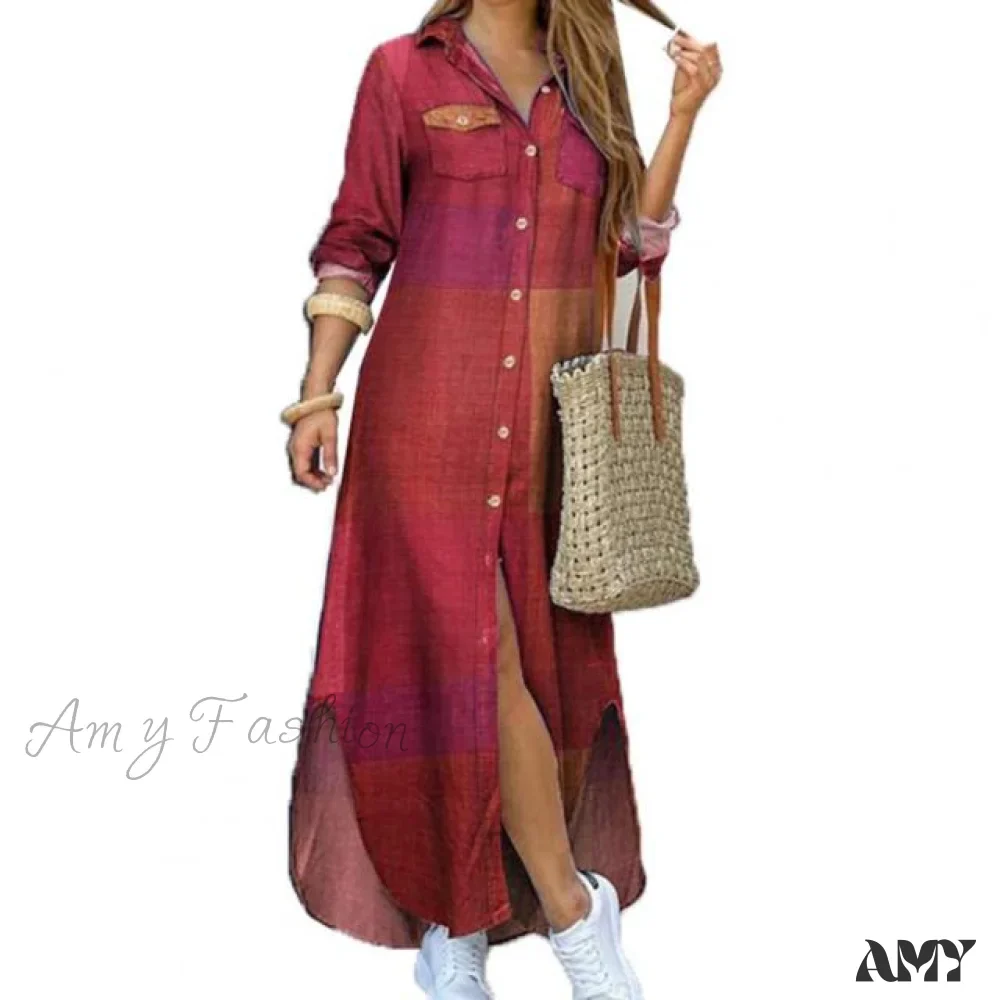 Amy Fashion - Single-breasted Printed Loose Maxi Shirt Dress - Image 4