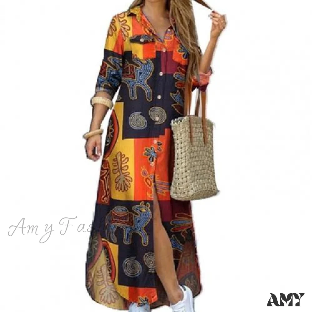 Amy Fashion - Single-breasted Printed Loose Maxi Shirt Dress - Image 5