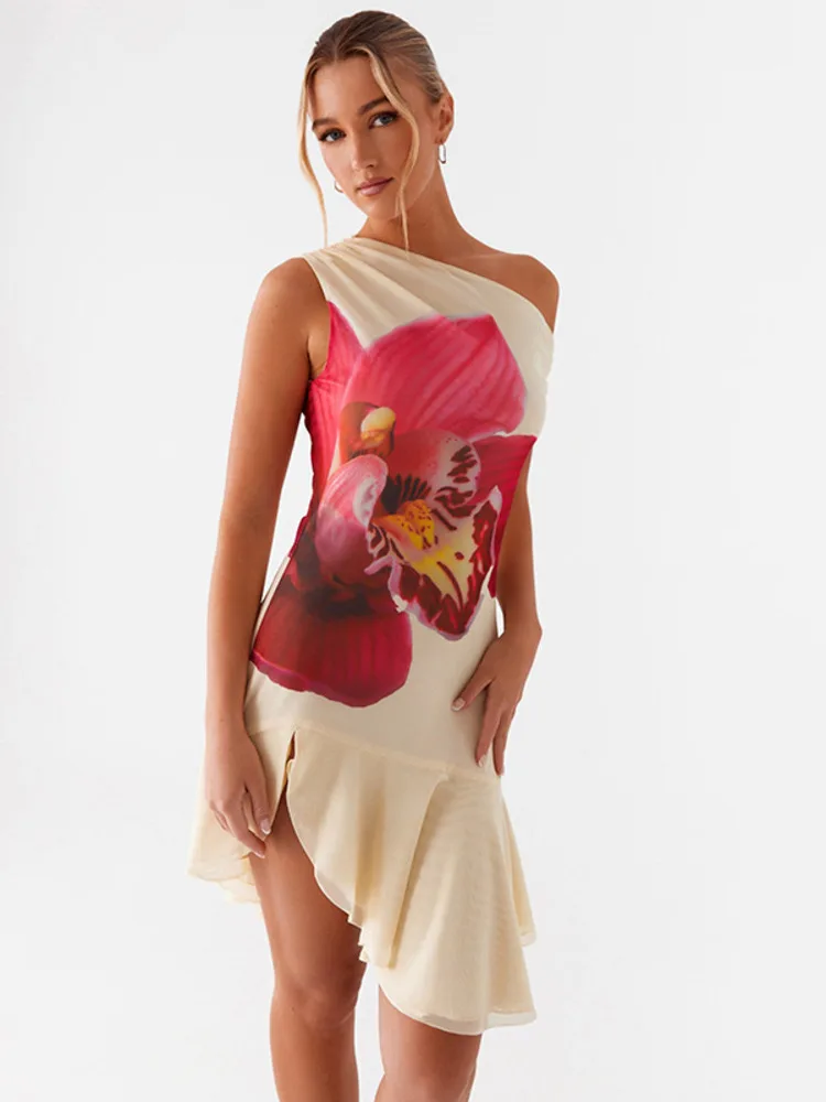 Skew Collar Ruffled Off-shoulder Printed Vacation Dress - Image 4