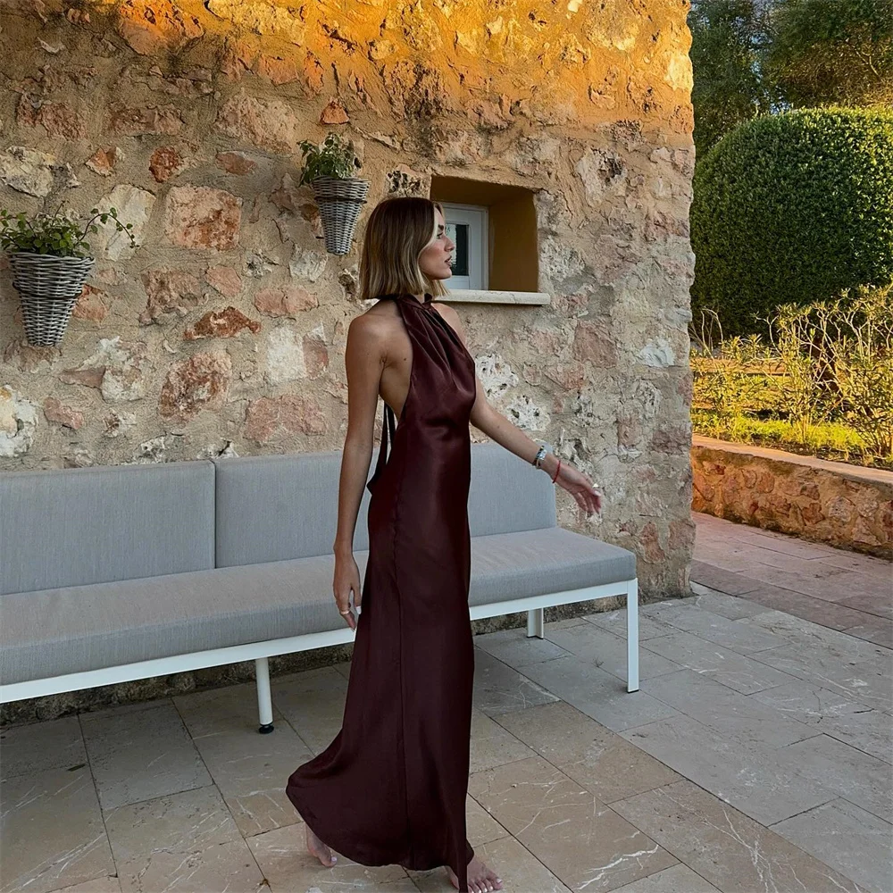 Slanted Collar Halter Ruched Maxi Dress - Image 3