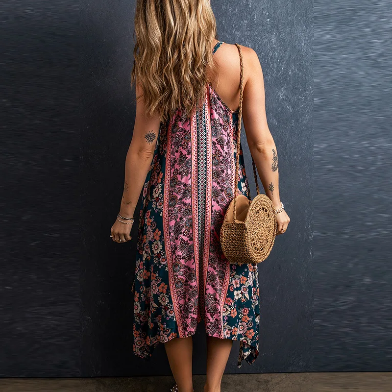 Sleeveless Backless Floral Printed Cotton Boho Dress - Image 3