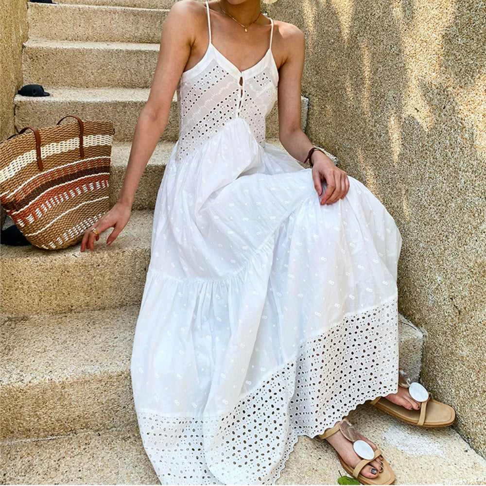 Sleeveless Backless White Cotton Boho Dress - Image 2