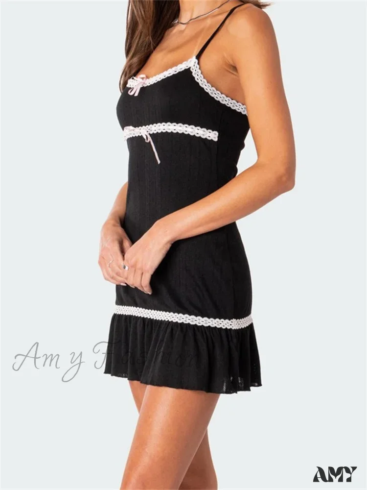 Amy Fashion - Sleeveless Spaghetti Strap Lace Patchwork Summer Party Mini Dress - Image 3
