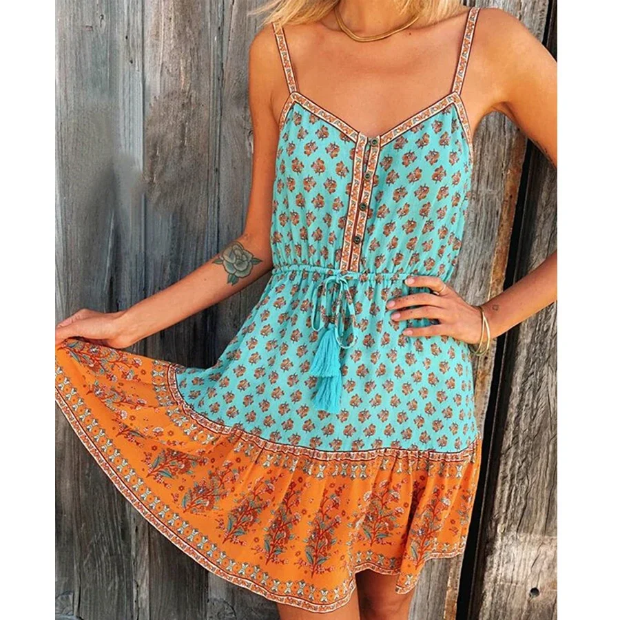 Sleeveless Strap Mini Rayon Floral Boho Dress