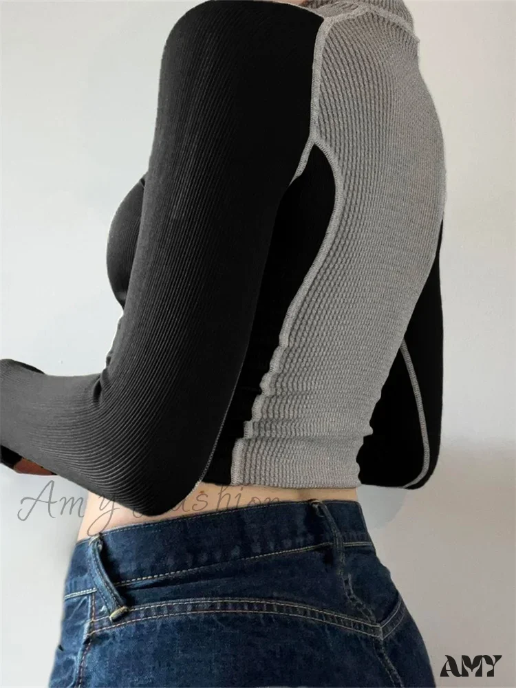 Amy Fashion - Slim Fit Contrast Color High Neck  Long Sleeve  T-shirts - Image 2
