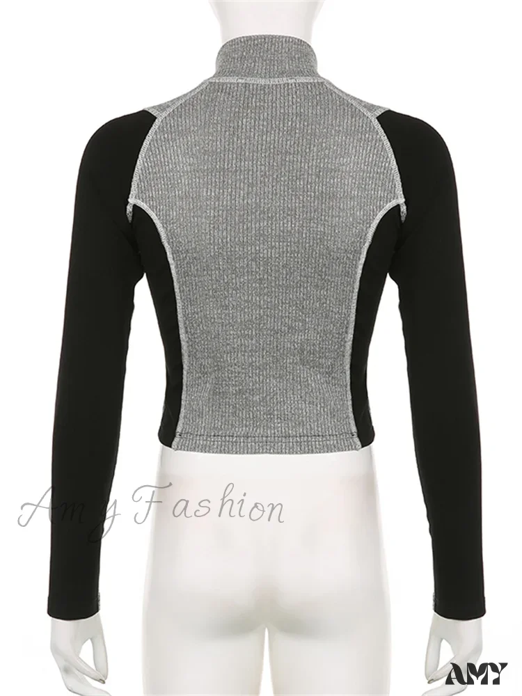 Amy Fashion - Slim Fit Contrast Color High Neck  Long Sleeve  T-shirts - Image 3