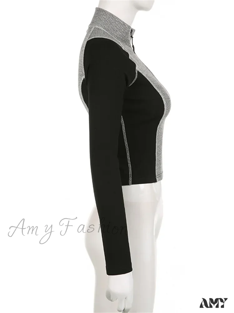 Amy Fashion - Slim Fit Contrast Color High Neck  Long Sleeve  T-shirts - Image 4