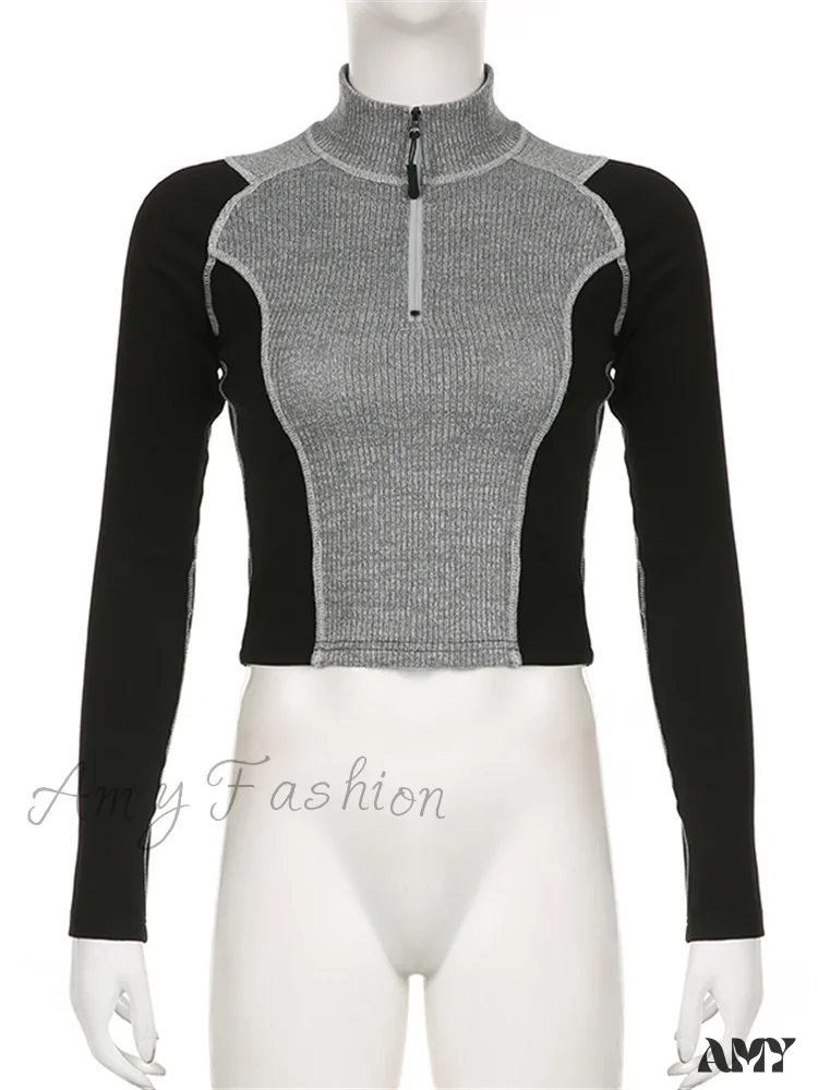 Amy Fashion - Slim Fit Contrast Color High Neck  Long Sleeve  T-shirts - Image 5