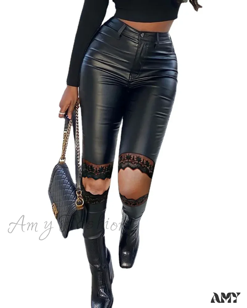 Slim Fit Pencil Solid Lace Splice Stretch High Street Pants - Image 4