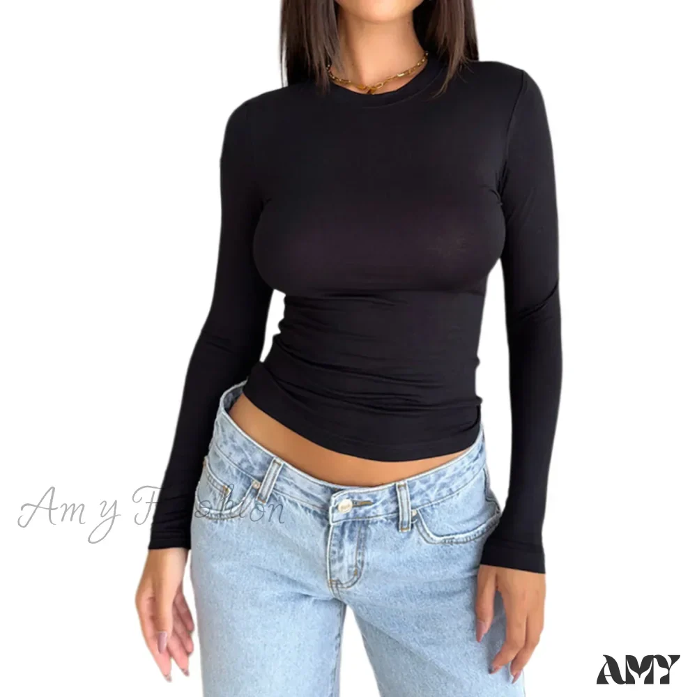 Slim Fit Plain Basic Long Sleeve Simple Casual Daily Crop Top - Image 6