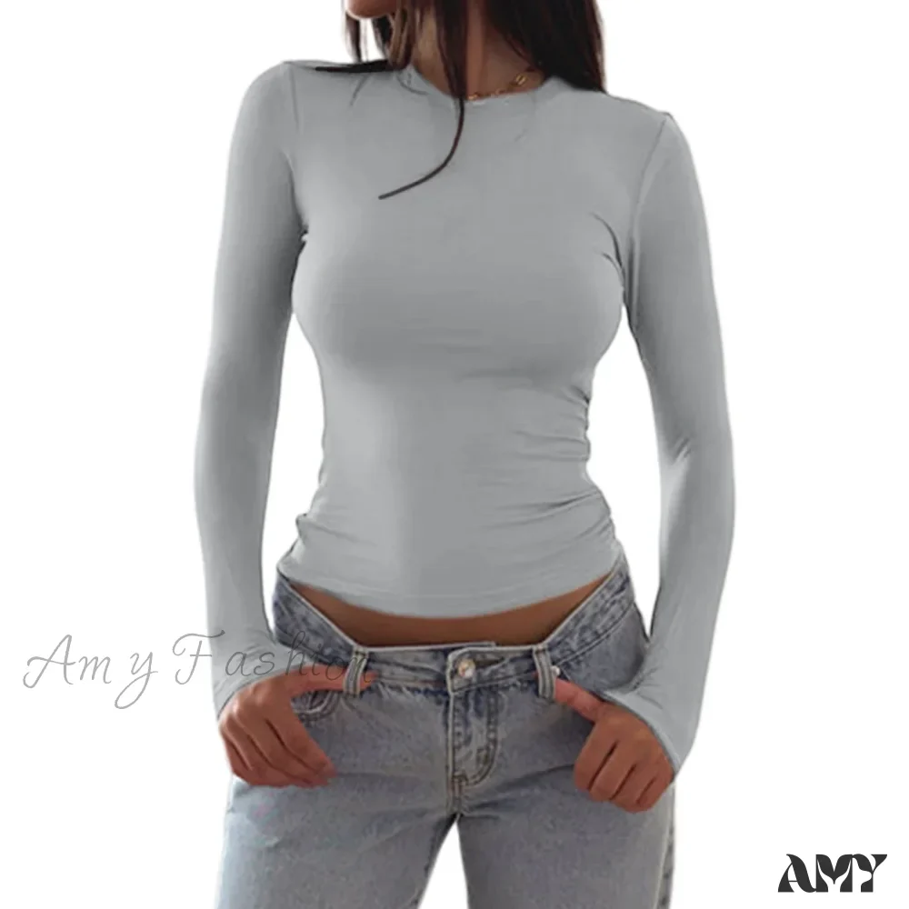 Slim Fit Plain Basic Long Sleeve Simple Casual Daily Crop Top - Image 8
