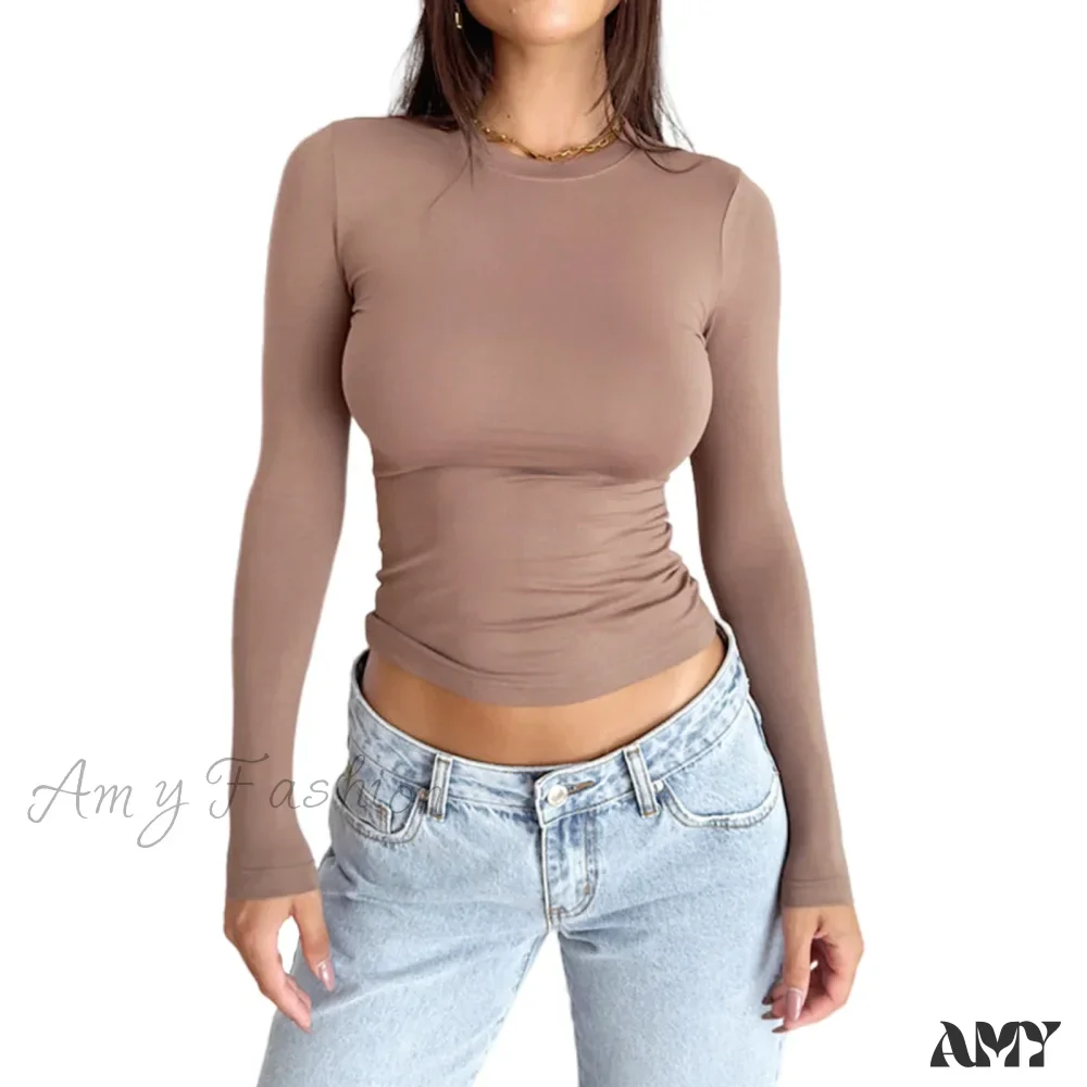 Slim Fit Plain Basic Long Sleeve Simple Casual Daily Crop Top - Image 9