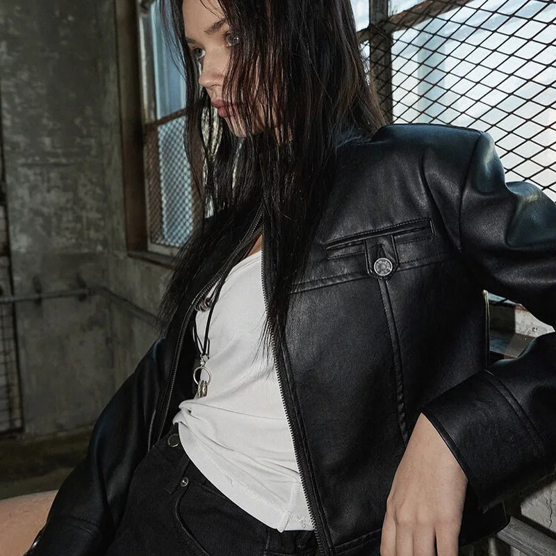 Slim Leather Zipper Button Coat - Image 4