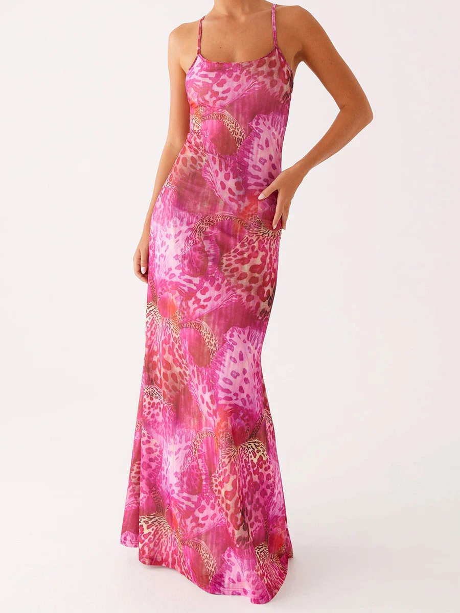 Slim Spaghetti Strap Long Floral Dress - Image 3
