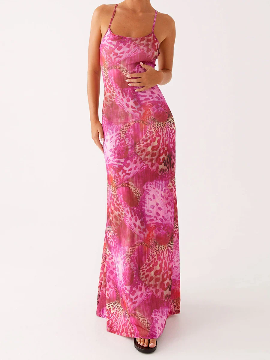 Slim Spaghetti Strap Long Floral Dress - Image 4