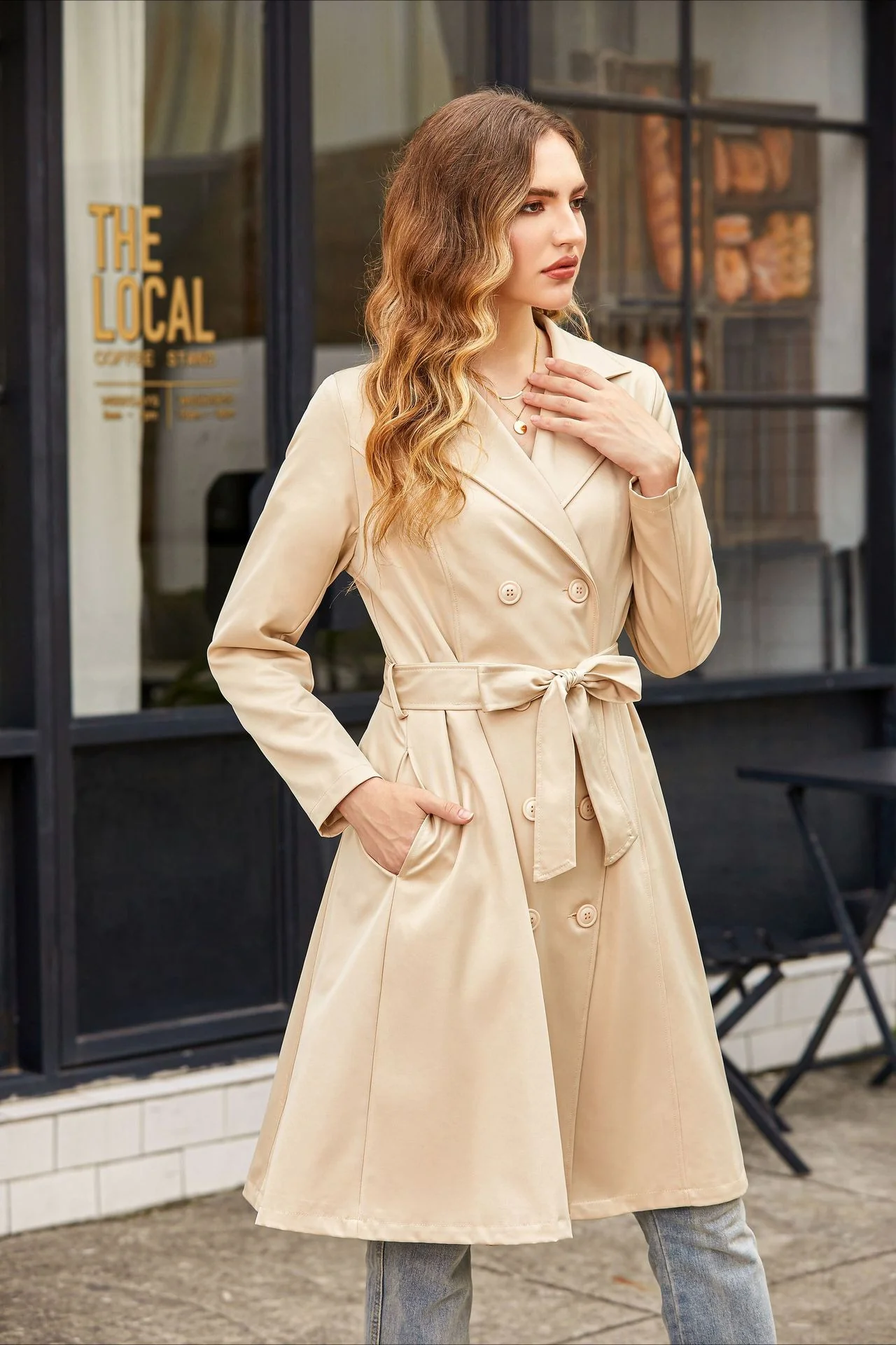 Slim Tie Waist Mid-Length Pocket Trench Coat - Image 2