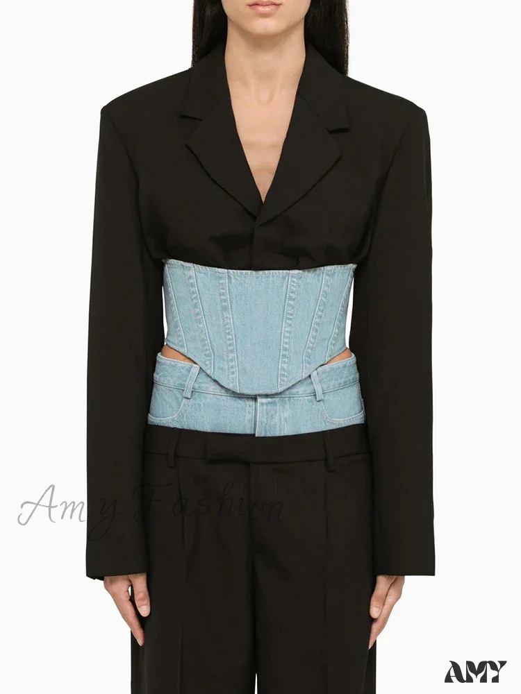 Slimming Casual Patchwork Denim Long Sleeve Notched Spliced Zipper Hit Color Fashion New Blazer - Image 2