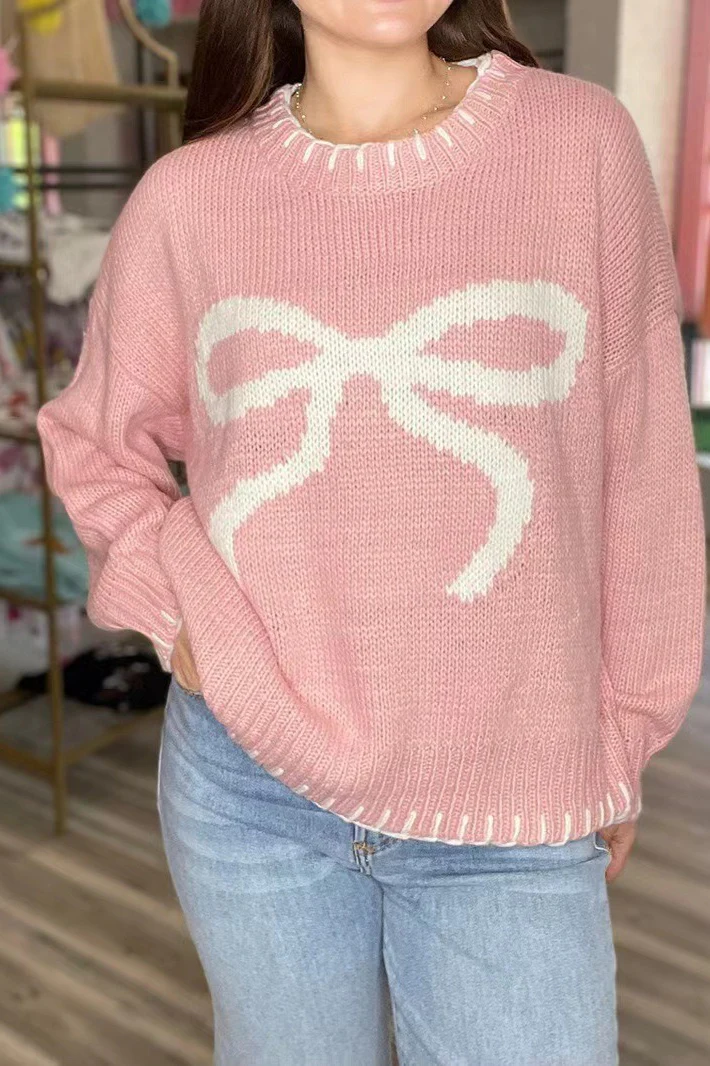 Slouchy Bow Jacquard Loose Pullover Sweater - Image 10