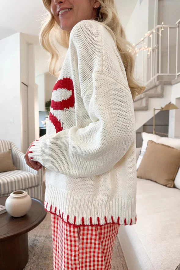 Slouchy Bow Jacquard Loose Pullover Sweater - Image 3