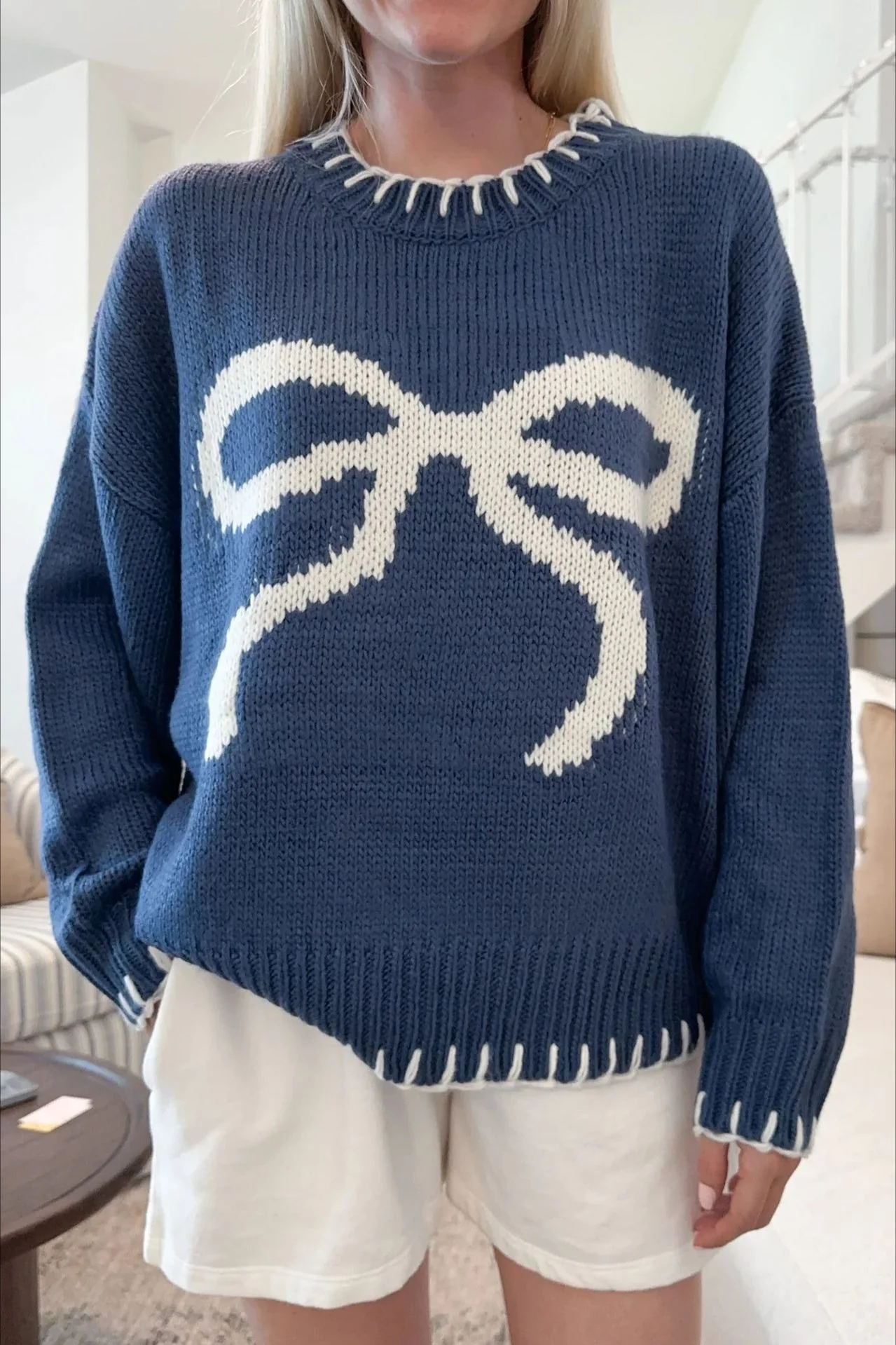 Slouchy Bow Jacquard Loose Pullover Sweater - Image 5