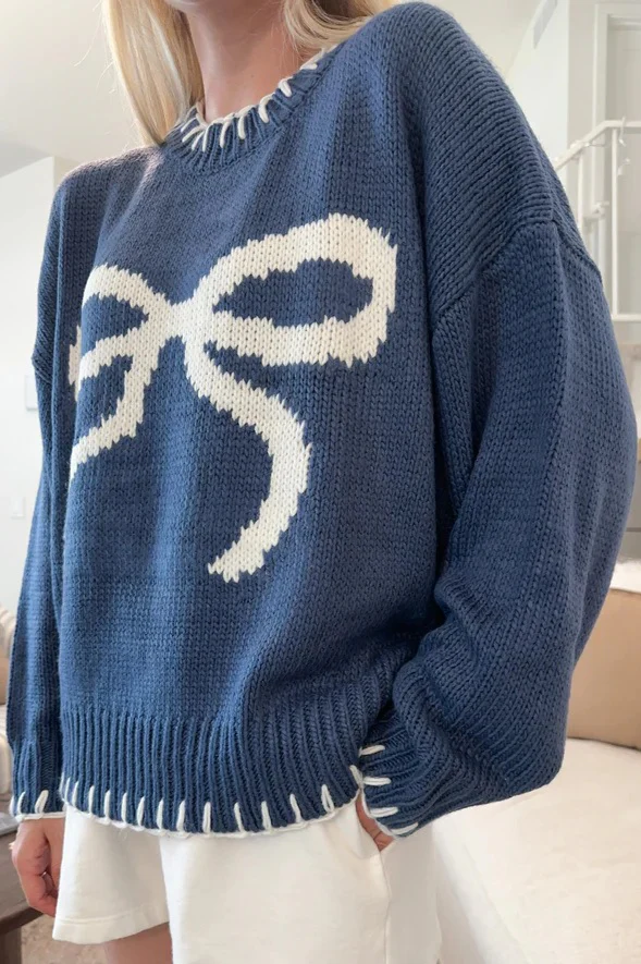 Slouchy Bow Jacquard Loose Pullover Sweater - Image 6