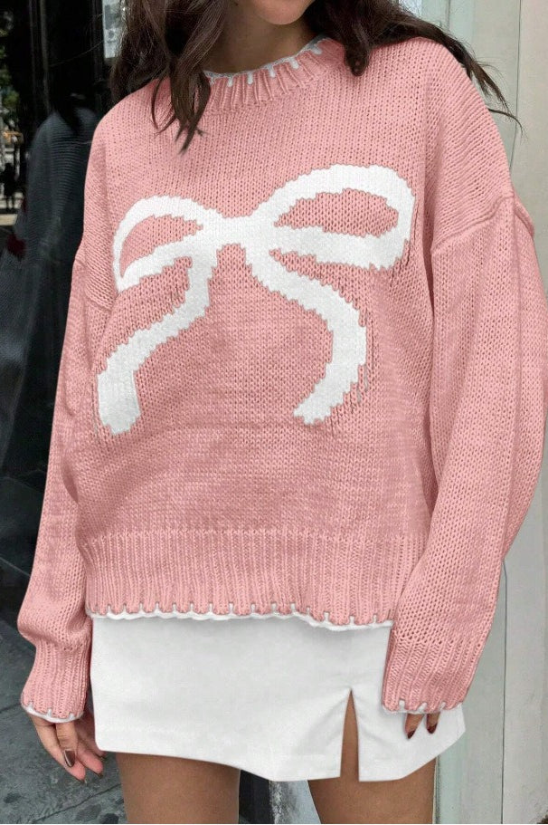 Slouchy Bow Jacquard Loose Pullover Sweater - Image 9