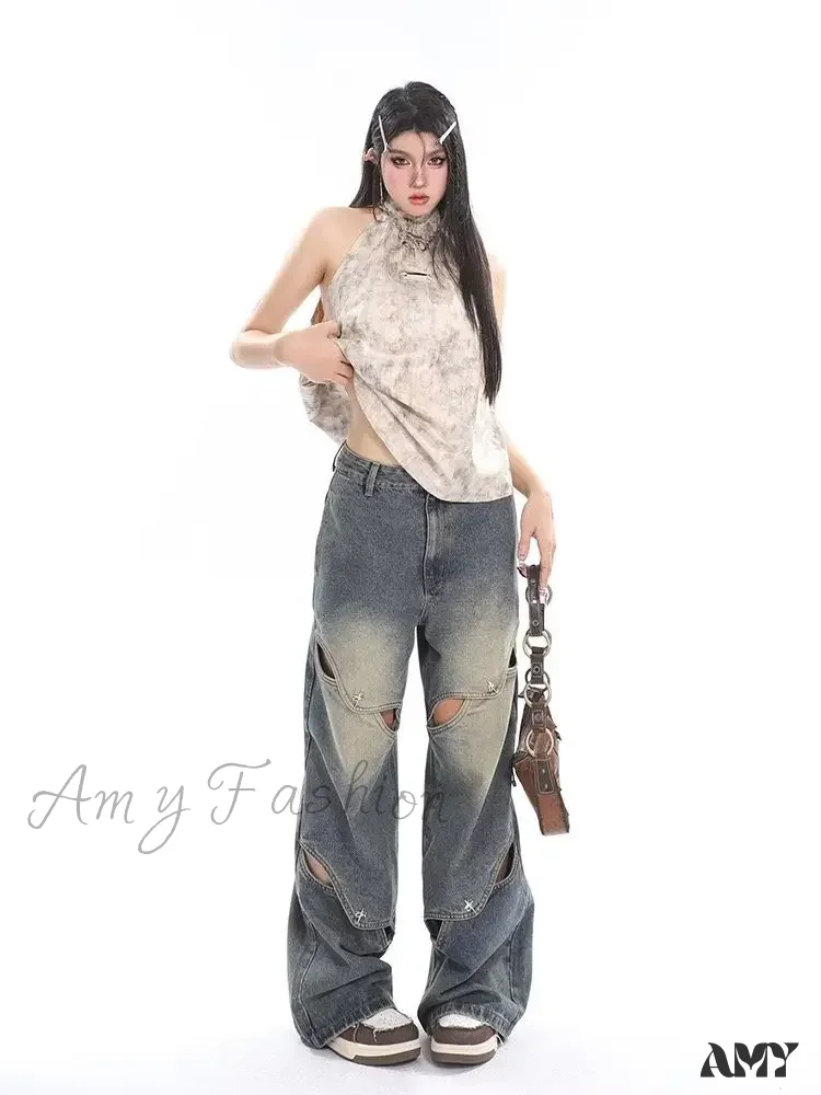 Amy Fashion - Small Crowd Deconstruction Design Sense High Street Wide Leg Trendy Brand Women's Jean