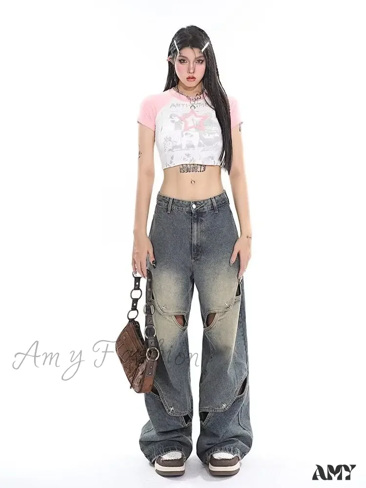 Amy Fashion - Small Crowd Deconstruction Design Sense High Street Wide Leg Trendy Brand Women's Jean - Image 2