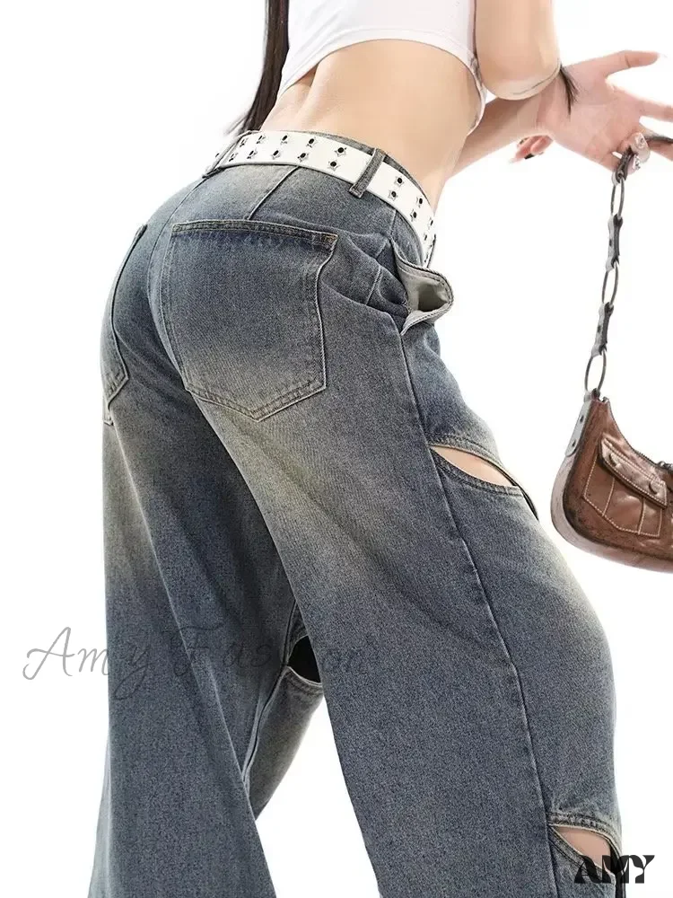Amy Fashion - Small Crowd Deconstruction Design Sense High Street Wide Leg Trendy Brand Women's Jean - Image 5