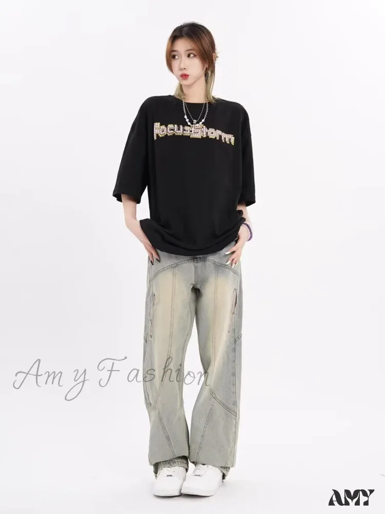 Amy Fashion - Small High Street Distressed Trendy Brand Washed Vintage Versatile Loose Wide Leg Women's Jean