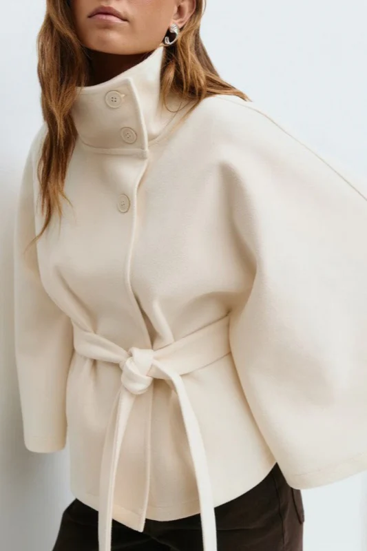 Solid Cape Stand Collar Buttoned Waist-Tied Trench Coat - Image 3