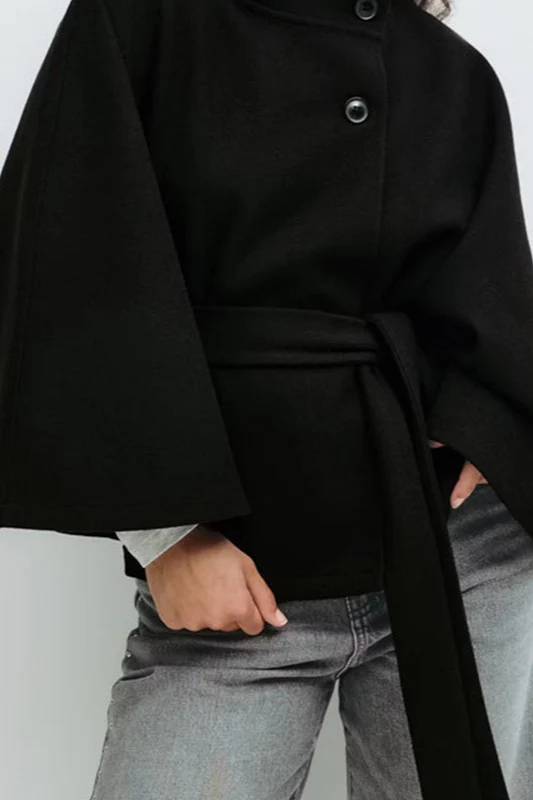 Solid Cape Stand Collar Buttoned Waist-Tied Trench Coat - Image 4