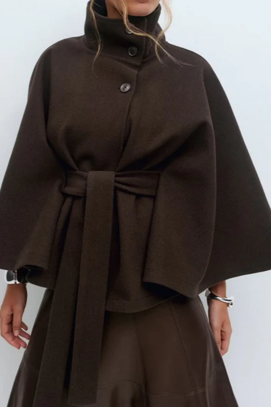 Solid Cape Stand Collar Buttoned Waist-Tied Trench Coat - Image 5