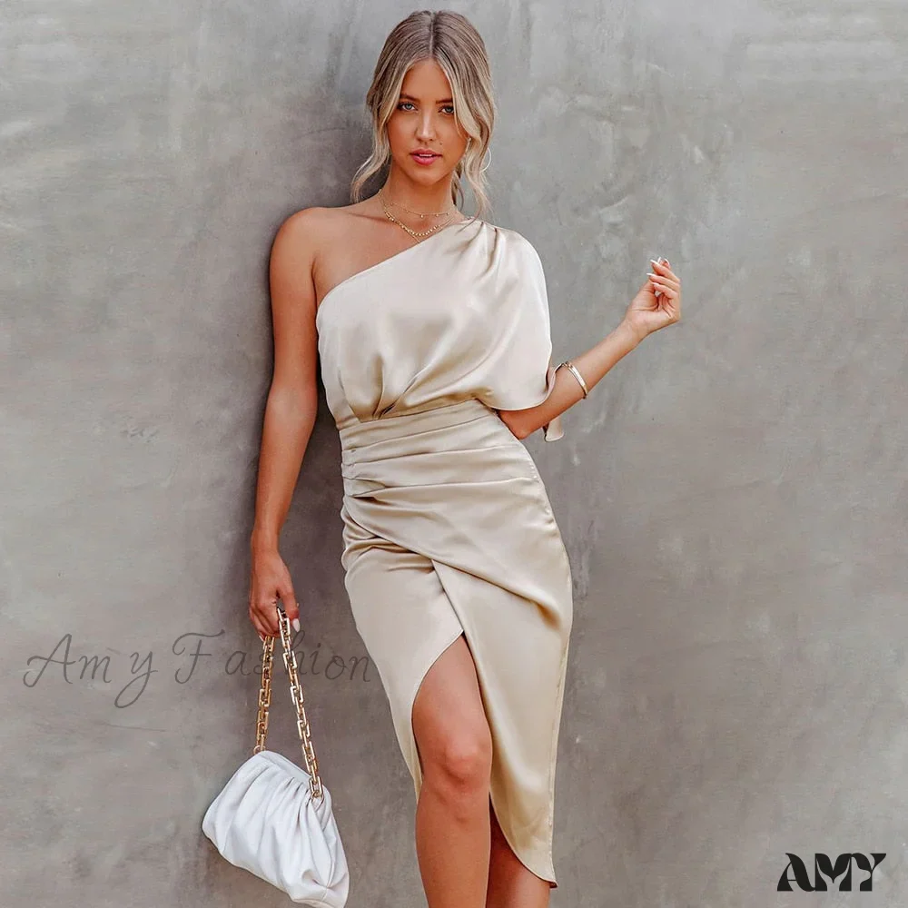 Amy Fashion - Solid Champagne Sexy Fitted Club Party Bodycon Dress