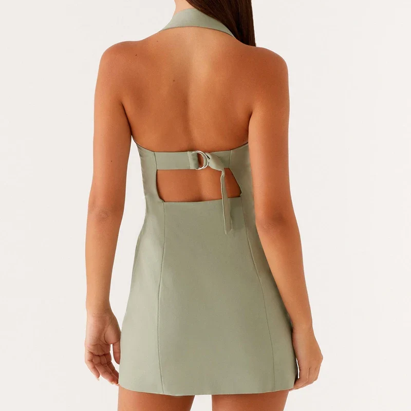 Solid Color Buckle Halter Bodycon Dress - Image 3