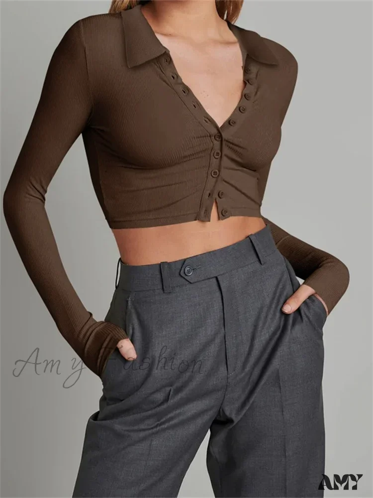 Amy Fashion - Solid Color Long Sleeve Basic Cropped Ribbed T-shirts - Image 6