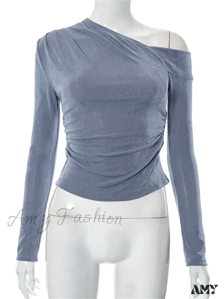 Amy Fashion - Solid Color Long Sleeve Off Shoulder Irregular Neck Ruched T-shirts - Image 3