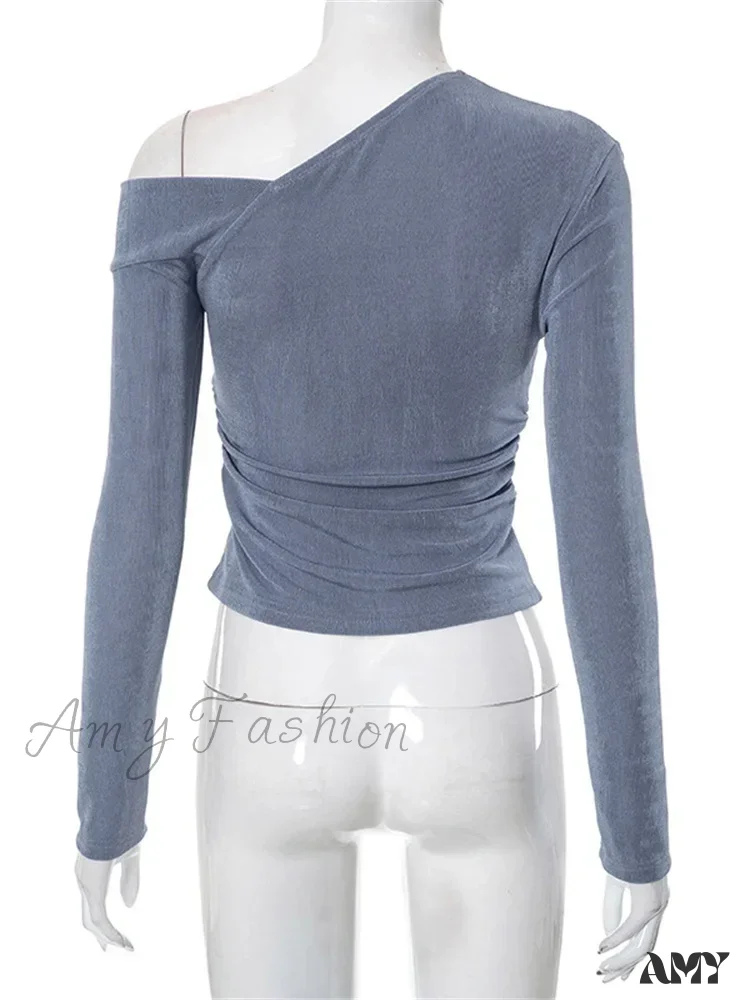 Amy Fashion - Solid Color Long Sleeve Off Shoulder Irregular Neck Ruched T-shirts - Image 4