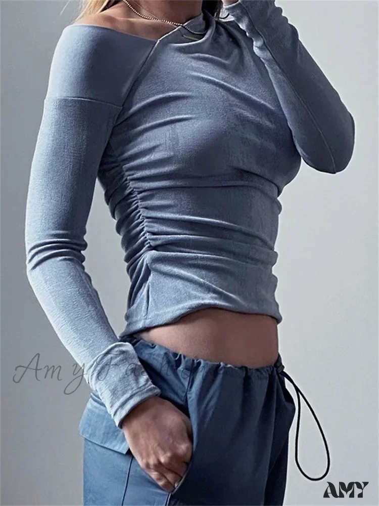 Amy Fashion - Solid Color Long Sleeve Off Shoulder Irregular Neck Ruched T-shirts - Image 7