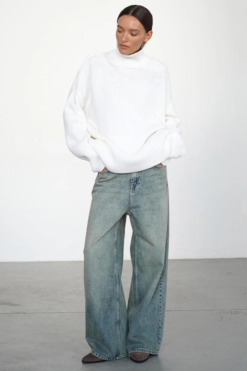 Solid High Neck Slouchy Slim-Fit Knit Sweater - Image 3