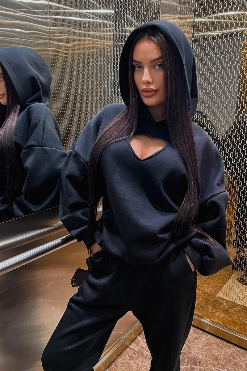 Solid Long Sleeve Heart Cutout Hoodie - Image 10