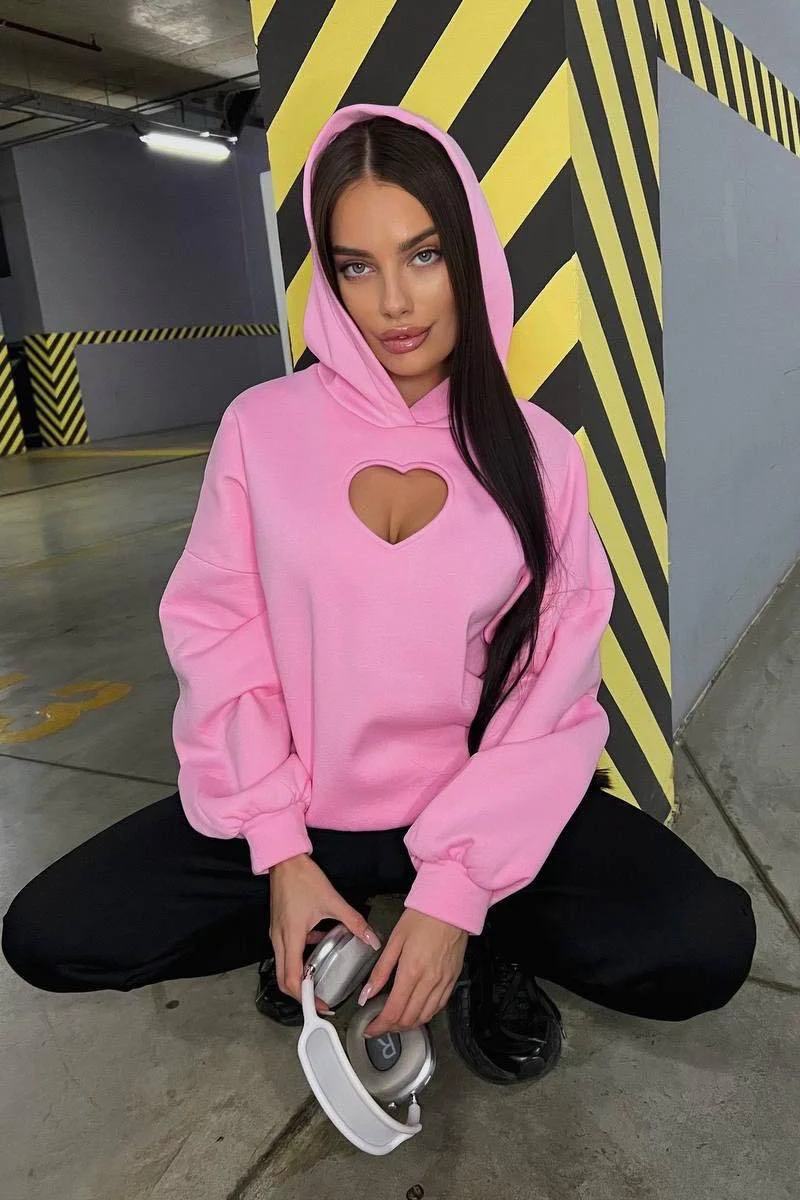 Solid Long Sleeve Heart Cutout Hoodie - Image 4