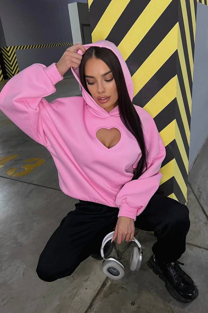 Solid Long Sleeve Heart Cutout Hoodie - Image 5