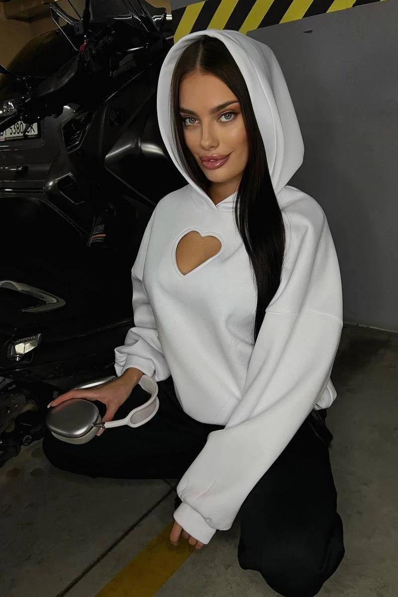 Solid Long Sleeve Heart Cutout Hoodie - Image 7