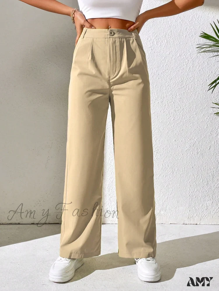 Amy Fashion - Solid Plicated Detail Straight Leg Pants - Image 9