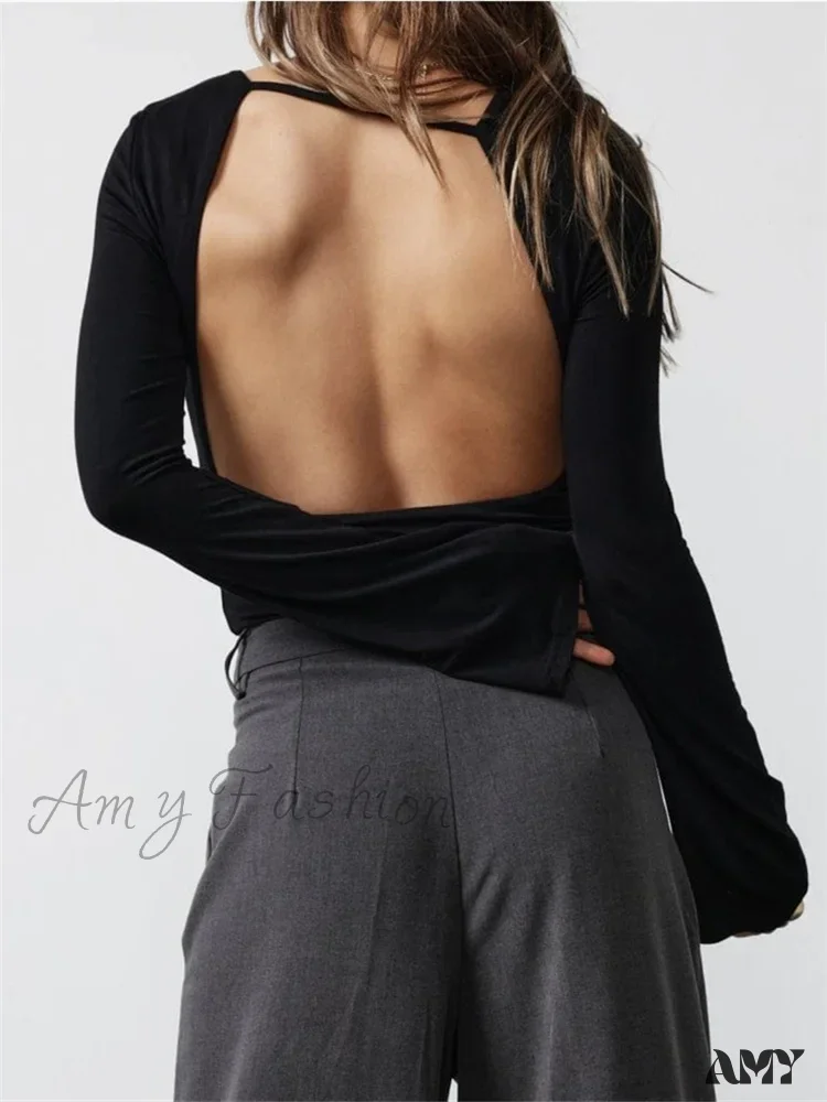 Amy Fashion - Solid Slim Fit Basic Backless Flare Sleeve T-Shirts - Image 5