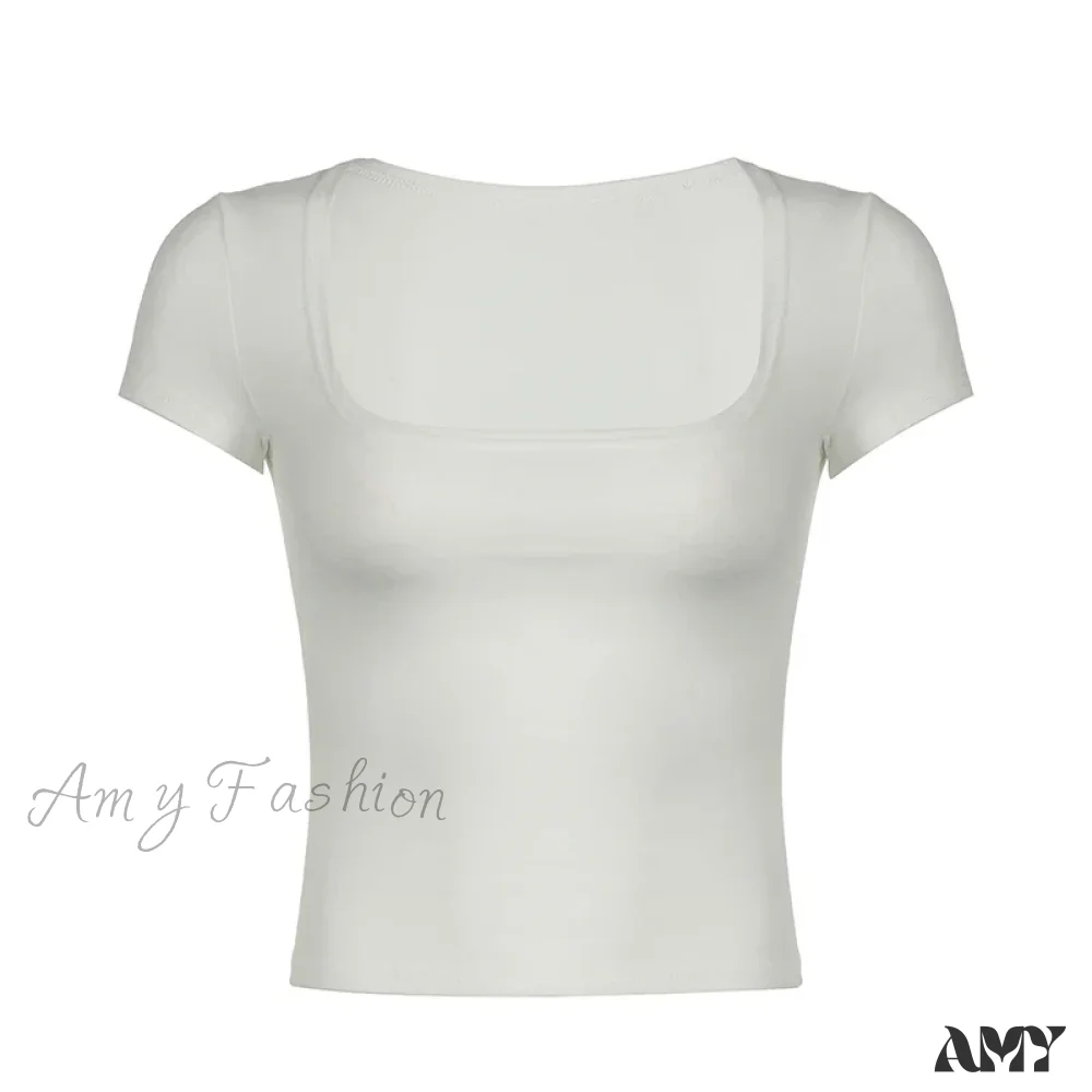 Solid Slim Fitting Square Collar White Short Sleeve Skinny Basic Summer Crop Top - Image 2