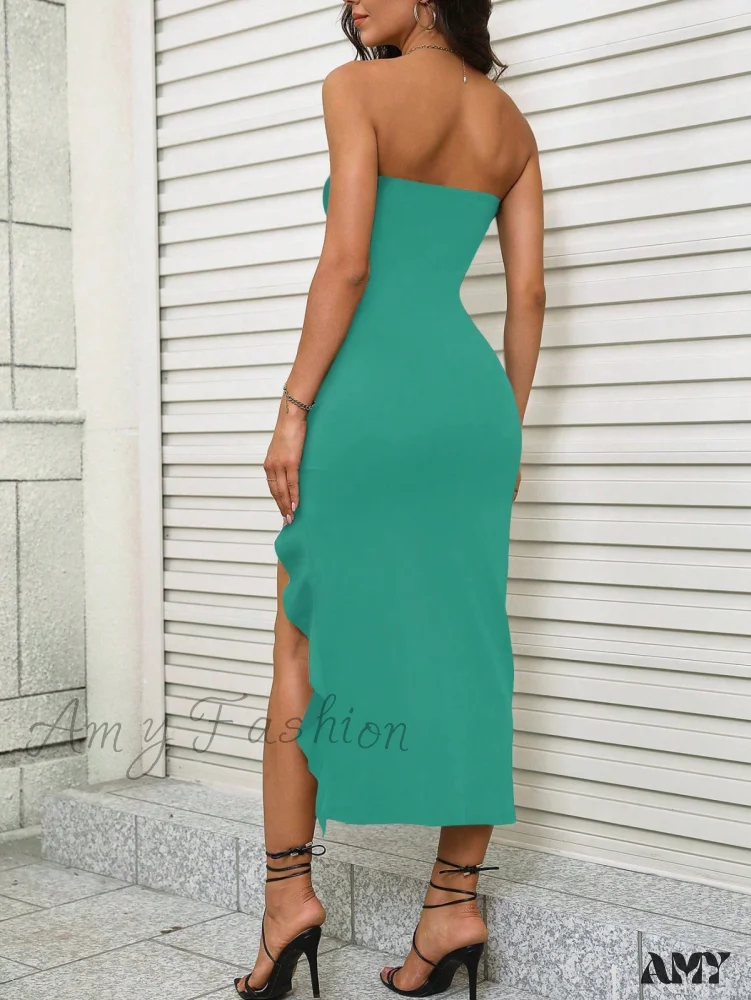 Amy Fashion - Solid Split Thigh Tube Dress - Image 2