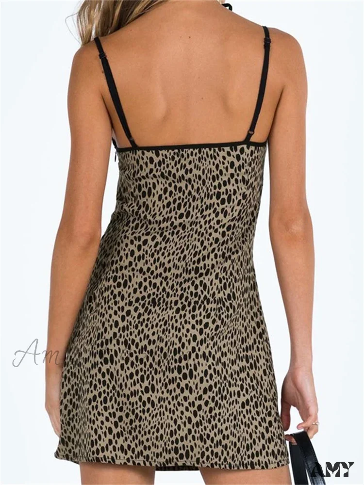 Amy Fashion - Spaghetti Strap Sleeveless Summer Leopard Print Party Mini Dress - Image 3
