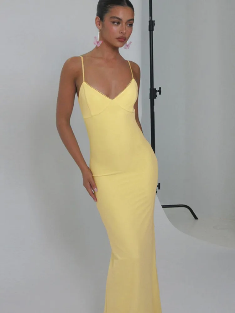 Spaghetti Yellow Sleeveless Bodycon Dress - Image 3
